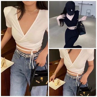 Áo kiểu croptop tay ngắn phối chéo cuốn dây bụng