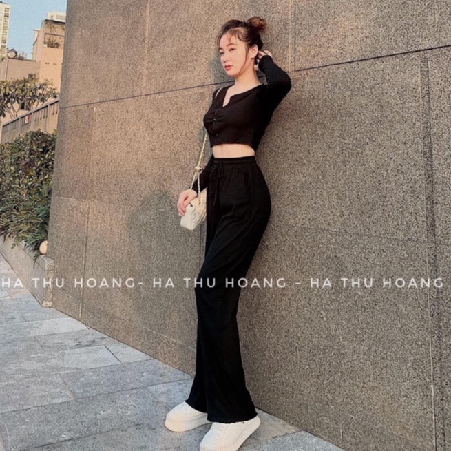 Set bộ croptop nữ thun gân mix quần ống rộng nữ cổ V đồ bộ nữ thể thao