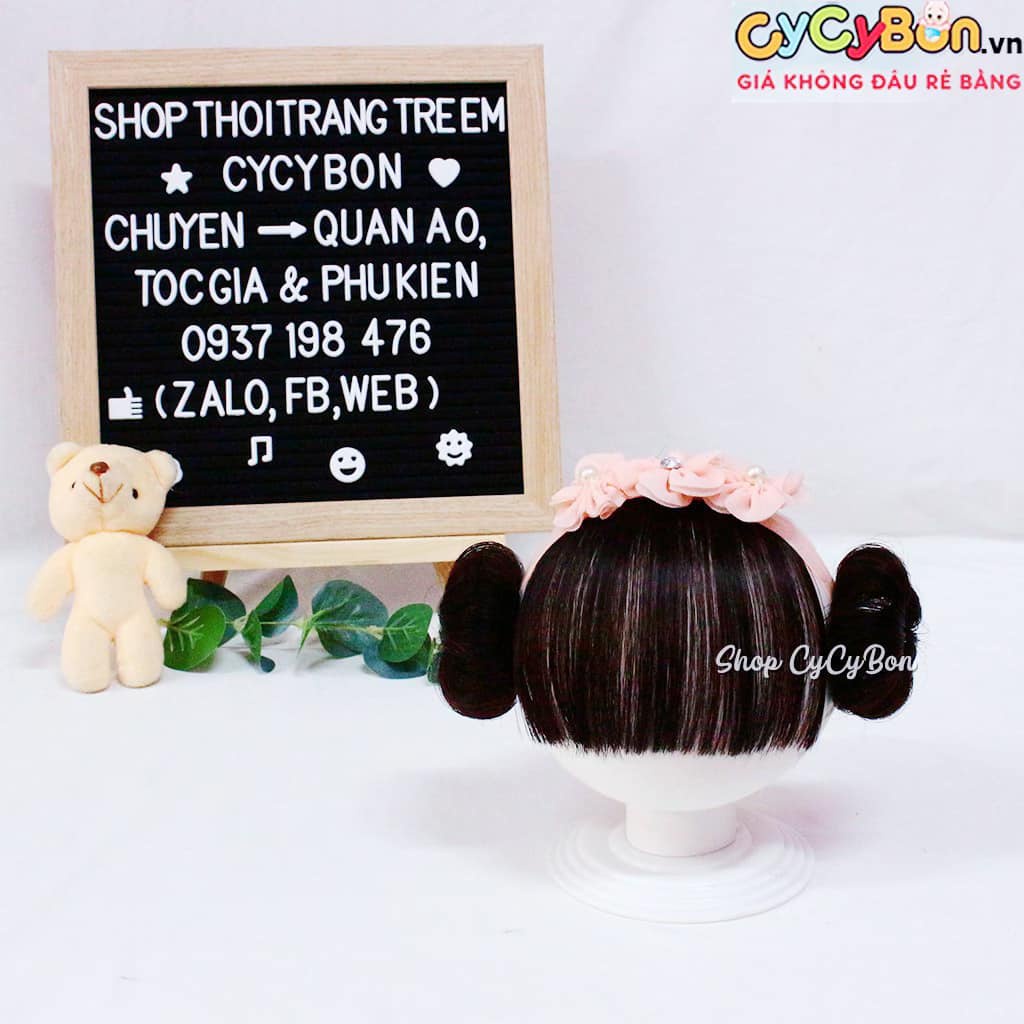 Băng Đô Tóc Giả Cho Bé Hoa Hồng Đính Đá Ngọc Trai Mái Ngang Và Búi 2 Bên