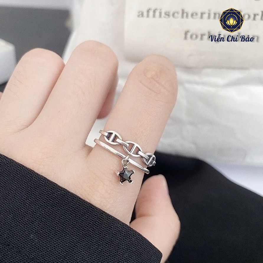 Nhẫn bạc nữ hai lớp đính đá đen ngôi sao chất liệu bạc Thái 925 thời trang phụ kiện trang sức nữ Viễn Chí Bảo N000041