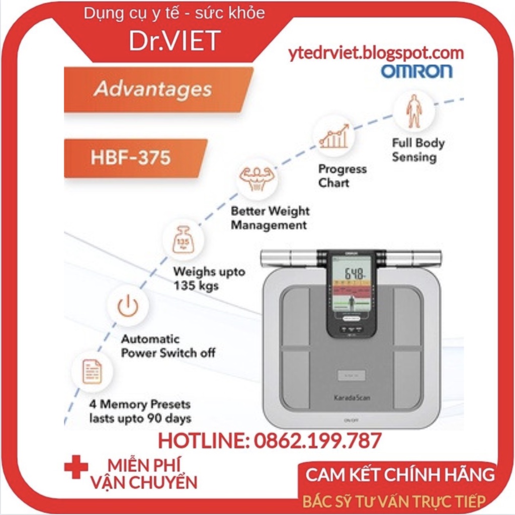 Máy đo thành phần cơ thể Omron HBF-375 - Đo toàn bộ cơ thể cho kết quả chính xác,đánh giá mỡ, chỉ số khối cơ thể