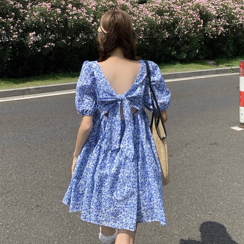 Đầm babydoll hồng - xanh hoa nhí tiểu thư hàng Quảng Châu mùa hè 2021