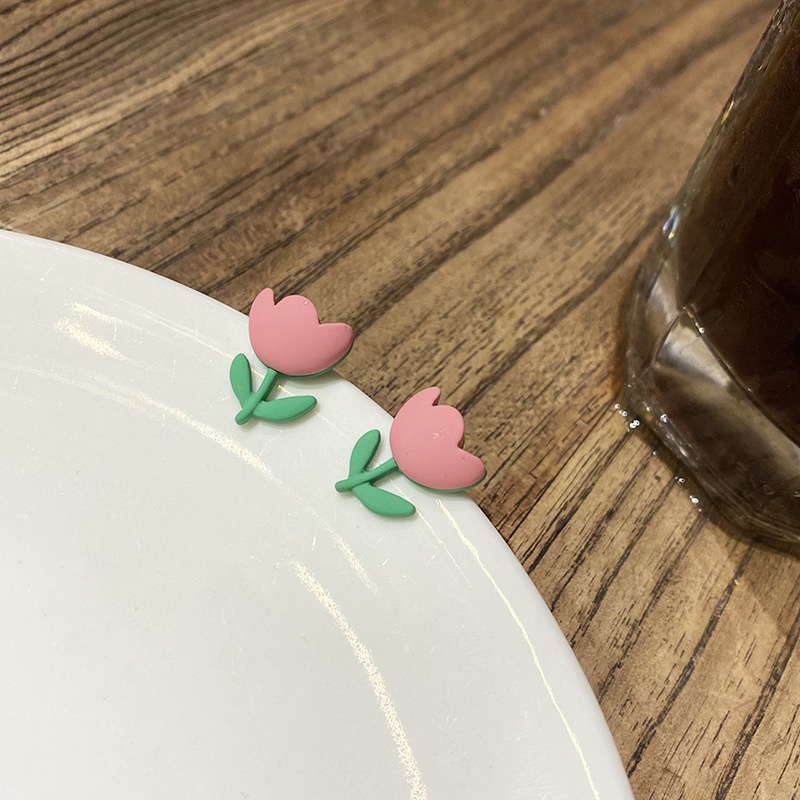 Bông Tai Mạ Bạc 925 Hình Hoa Tulip Hồng Dễ Thương Cho Nữ