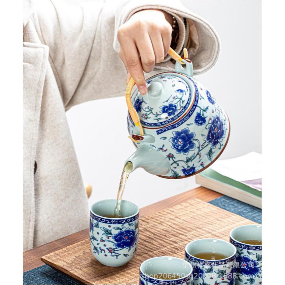 Bộ Ấm Trà Hội Làng - Bình To - Đáy Bằng - Chén Men Xuyên Sáng - Hoa Xanh