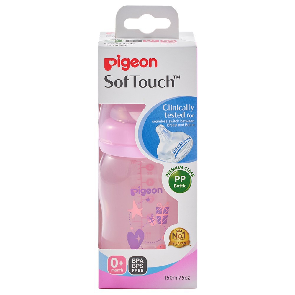 Bình sữa Pigeon 160ml / 240ml cổ rộng PP Plus họa tiết xanh hồng