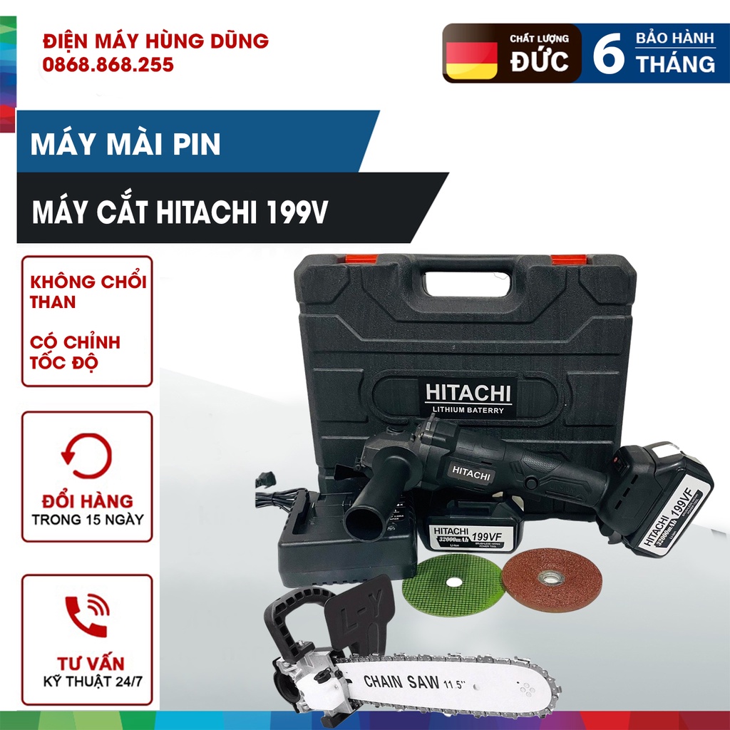Máy mài pin Hitachi 199V không chổi than - 2 pin - Tặng lưỡi cưa xích, đá mài, đá cắt