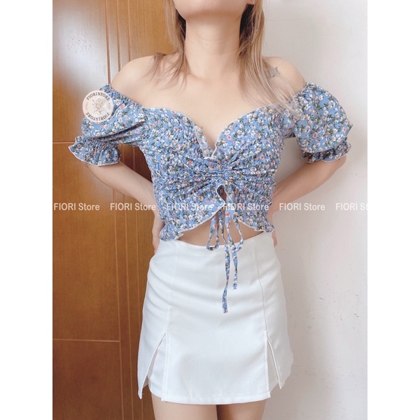 Áo Voan Hoa Rút Dây Giữa Tay Phồng - Mặc 2 kiểu