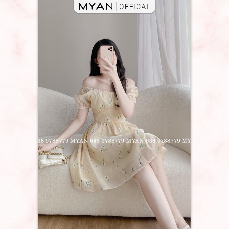 Váy Xòe Trễ Vai MYAN Thiết Kế Vải Voan Tơ Hoa Nhí Cổ Thuyền Thắt Nơ Lưng Vvn052216