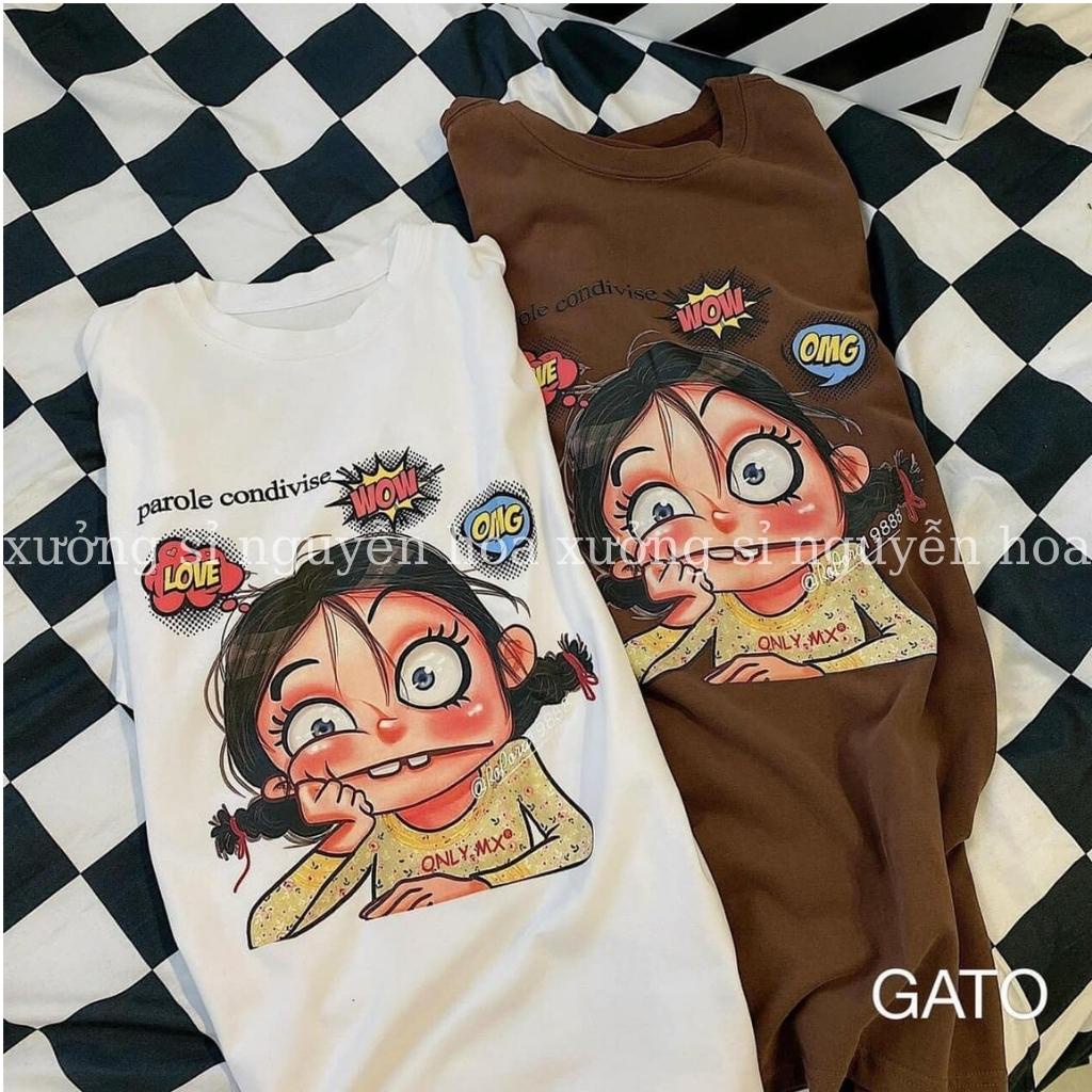 Áo thun form thụng tay lỡ in hình cô bé tinh nghịch nam nữ mặc được 2 màu nâu trắng Xưởng Sỉ Nguyễn Hoa