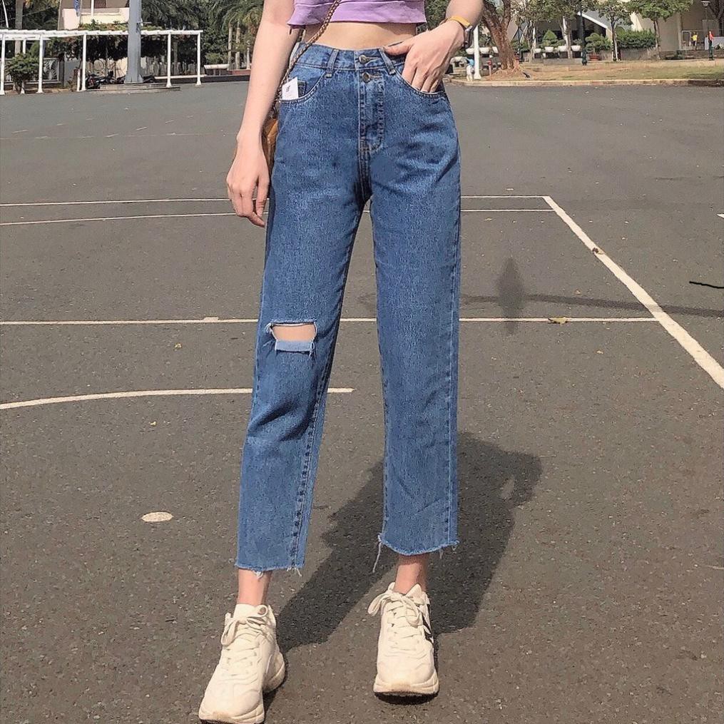 Quần jean nữ baggy rách 1 bến gối tua lai màu đậm
