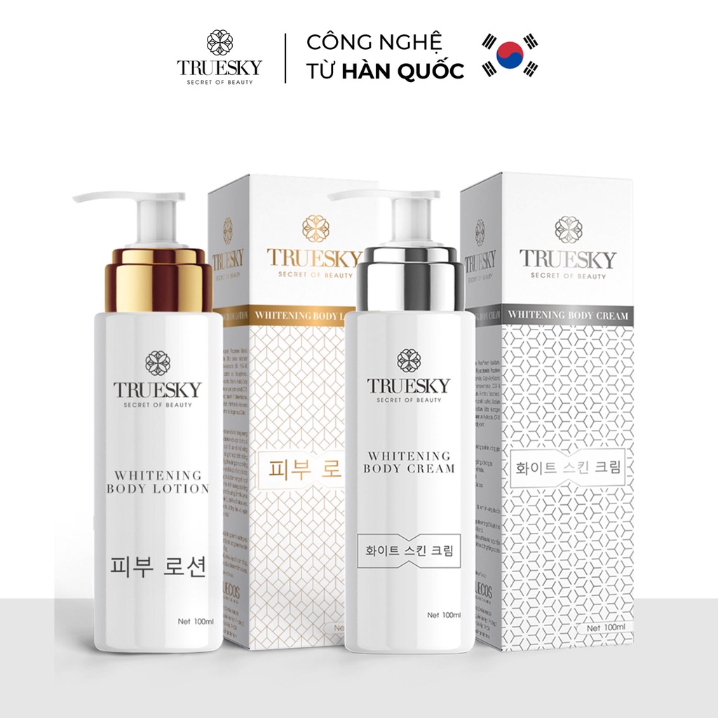 Bộ tắm trắng toàn thân Truesky dạng vòi nhấn gồm 1 chai ủ trắng 100ml & 1 chai dưỡng trắng 100ml