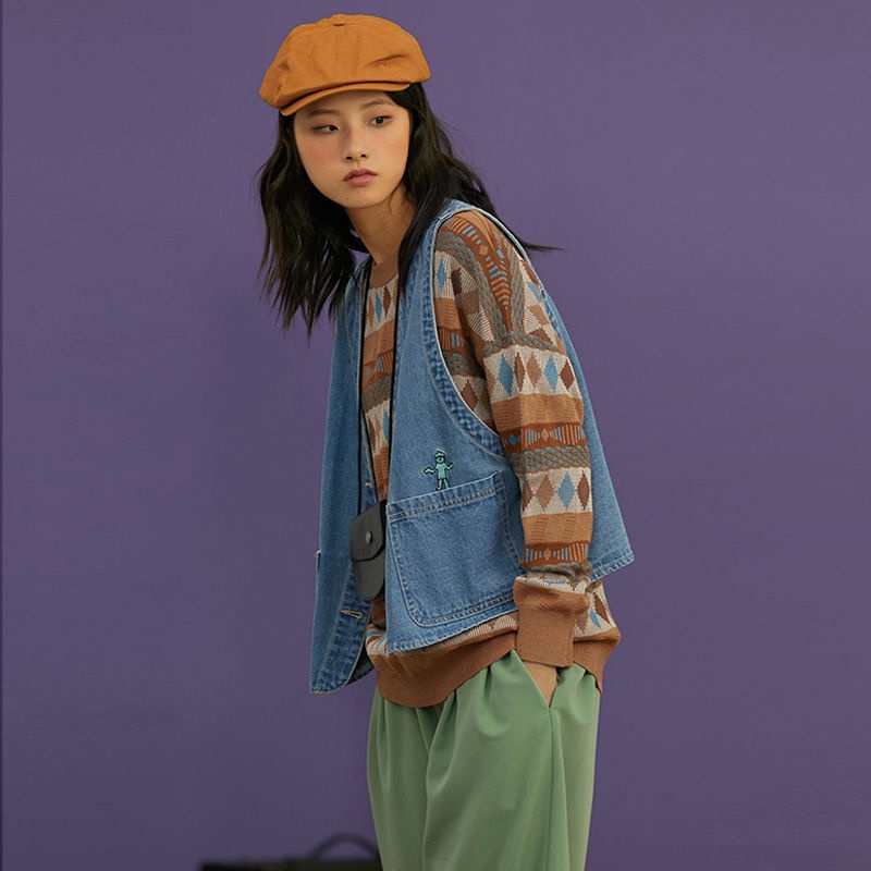 Áo Khoác Denim Sát Nách Dáng Rộng Thêu Họa Tiết Phong Cách Retro Cho Nữ | BigBuy360 - bigbuy360.vn