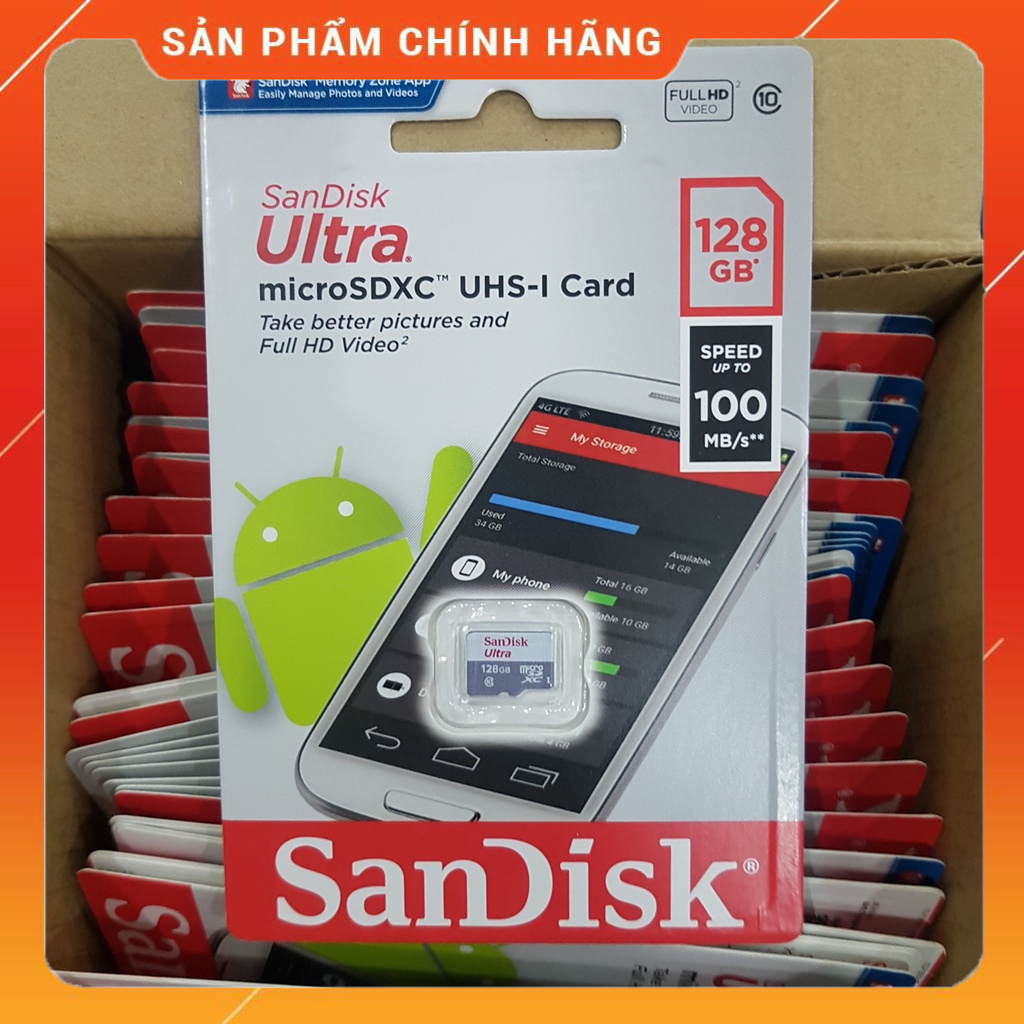 Thẻ nhớ SanDisk Ultra Class 10 128GB 100MB/s - Dùng cho camera, máy ảnh, điện thoại - Hàng chính hãng