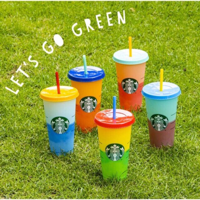Cốc nhựa trong suốt mẫu Starbucks thay đổi màu sắc có thể tái sử dụng kèm ống hút