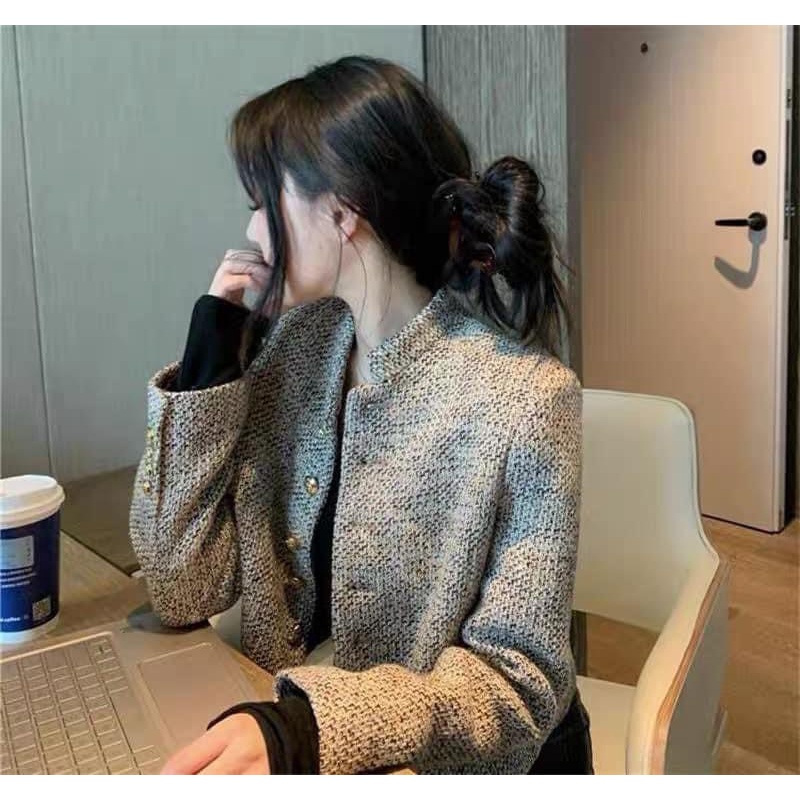 Áo dạ muối tiêu cổ tròn cúc ngọc cao cấp áo tweed nữ thu đông TL140