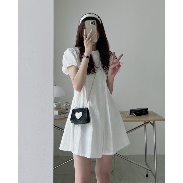 VÁY THÔ ĐŨI BABYDOLL TAY BỒNG doubleh.clo - Váy thô đũi linen dáng suông babydoll tay bồng kèm túi chéo hông ulzzang