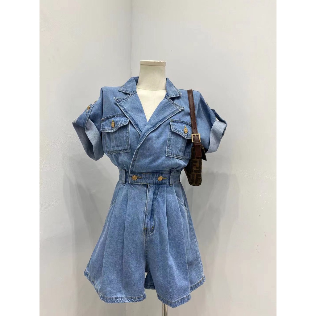 Áo liền quần Denim Hở Lưng Dáng Rộng Phong Cách Hàn Quốc Mới 2021 Dành Cho Nữ