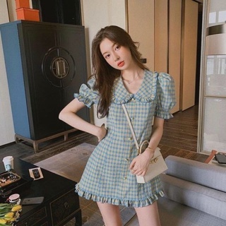 váy kẻ caro xanh cổ sen tay bồng xinh xắn [100c đầu rẻ nhất] - V32