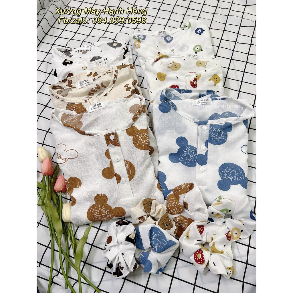 Bộ pyjama nữ tặng kèm nơ buộc tóc, bộ ngủ nữ cực xinh