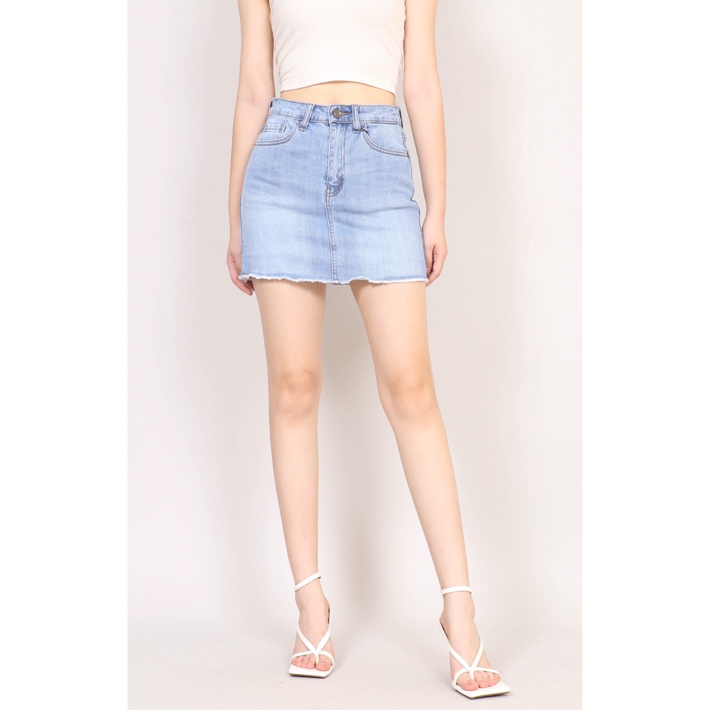 Chân váy Jean chữ  A Trơn cơ bản có quần bên trong co giãn Gấu Tua CT JEANS