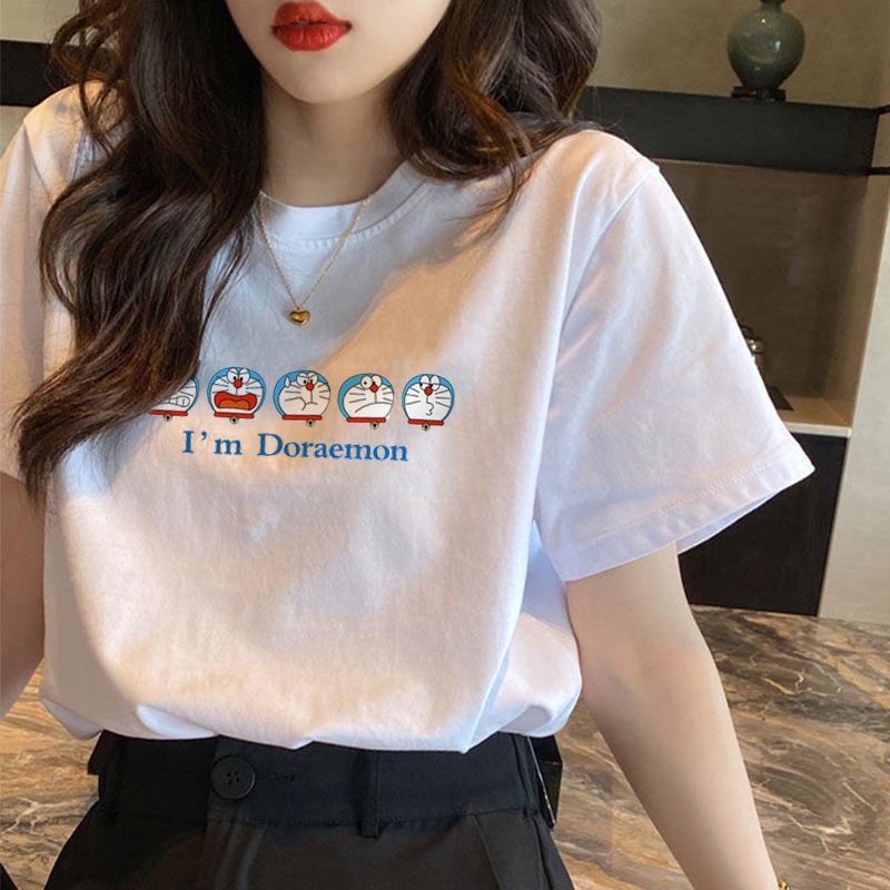 Áo Thun cotton Tay Lỡ Form Rộng In Hình Doraemon Thời Trang Cho Nữ