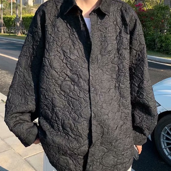 Áo Sơ Mi Tay Ngắn Cổ Đứng Dáng Rộng Họa Tiết Dập Nổi Thời Trang Cho Nam