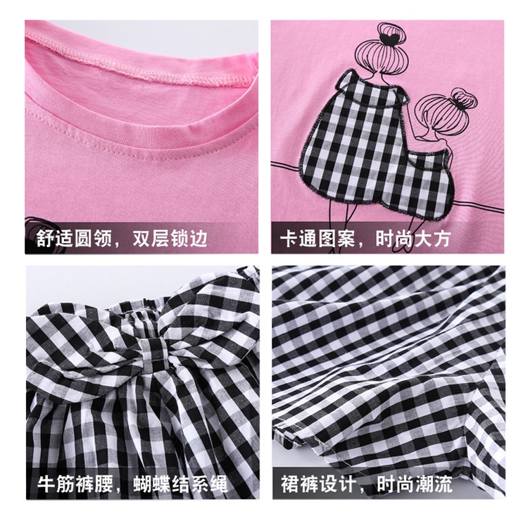 Set Áo Thun Tay Ngắn &amp; Quần Short Caro Phong Cách Hàn Quốc Cho Bé Gái 3-14 Tuổi