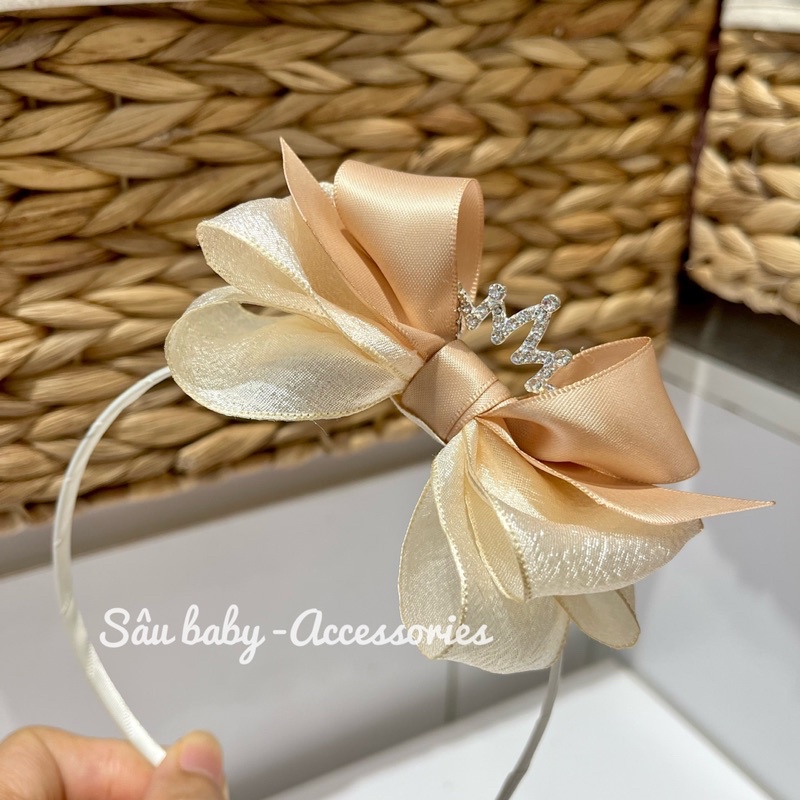 Bờm xước tóc handmade nơ voan kem nâu vương miện cho bé