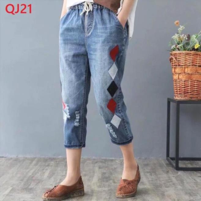 Quần bò nữ sờn thêu họa tiết hình học MS21 BIG SIZE cạp chun co dãn Xịn ! ! ,