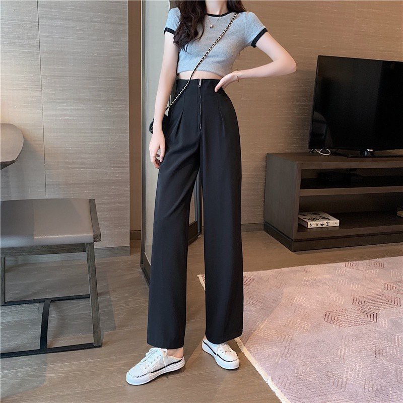 Quần vải ống rộng suông nữ dáng dài THUS, Culottes cạp cao khóa trước vải mềm đứng dáng Q2D19