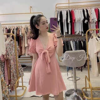 VÁY THẮT NƠ NGỰC HỒNG