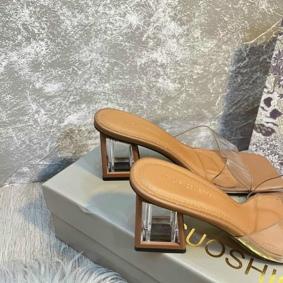 Dép cao gót nữ 5cm quai ngang trong đế vuông thời trang hở mũi xỏ ngón đẹp