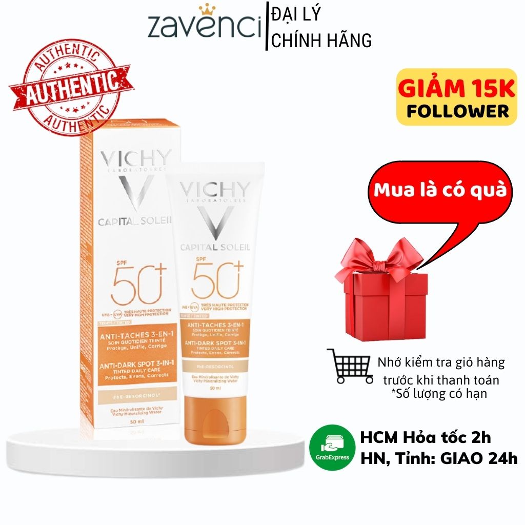 Kem chống nắng VICHY Chống nắng Giảm Thâm Nam Giảm Mụn Nâng Tông Kiềm Dầu Capital Soleil 3in1 SPF 50+ (50ml)