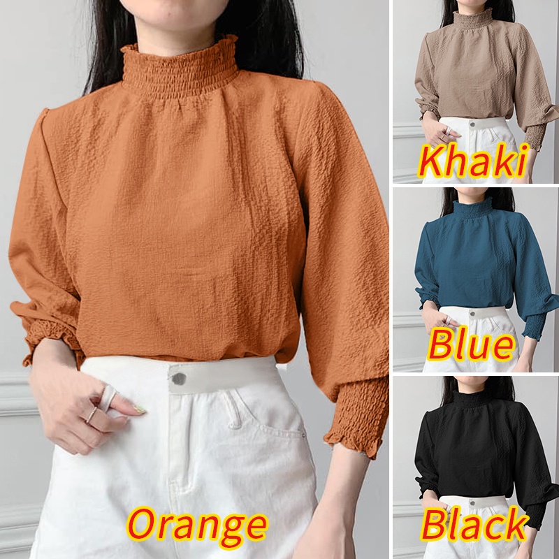 Áo kiểu Zanzea tay dài cổ đứng màu trơn thiết kế xếp ly phong cách vintage thời trang cho nữ