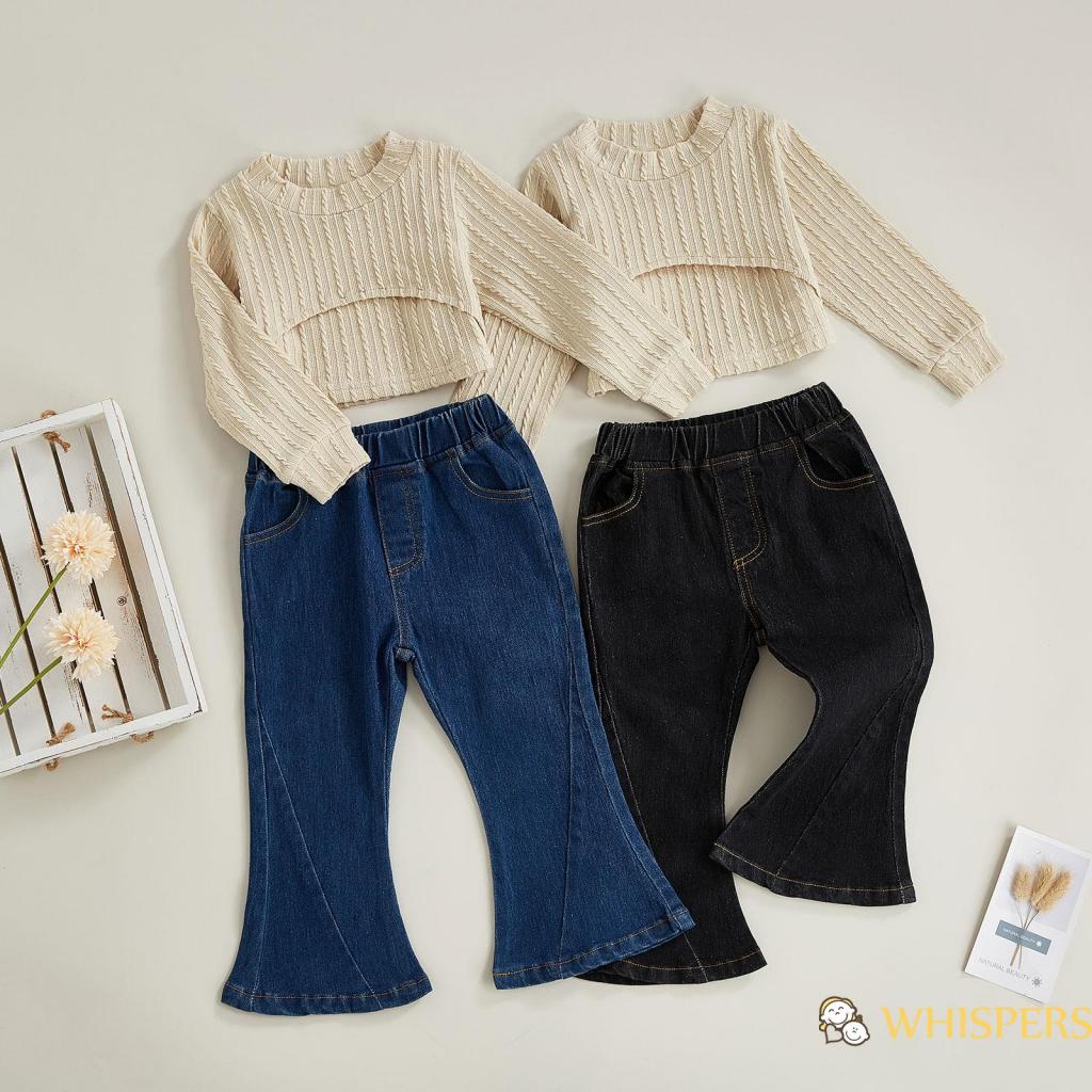 Set Áo Thun Dài Tay Trơn Màu + Quần Denim Ống Loe Thời Trang Dành Cho Bé Gái