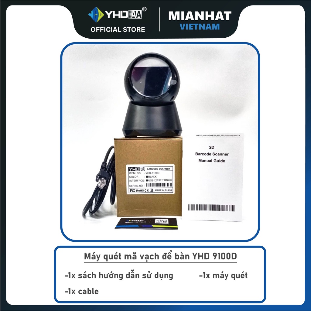 Máy quét mã vạch để bàn YHD 9100D đọc được các loại mã vạch 1D Barcode 2D Qrcode phù hợp cho siêu thị, quầy bán hàng,...