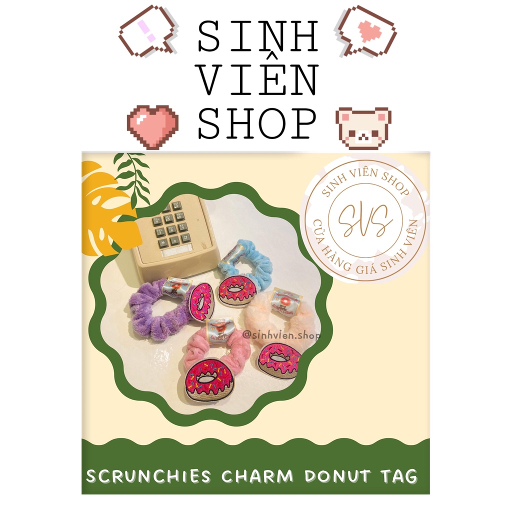 Scrunchies nhung tag charm Donut mềm xinh