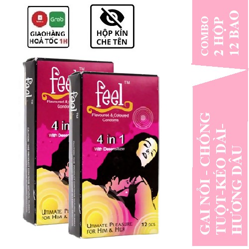 Bộ 2 Bao cao su kéo dài thời gian Feel 4 in 1 [ CHÍNH HÃNG 100%] hương dâu Hộp 12C- Cho một đêm nồng nhiệt