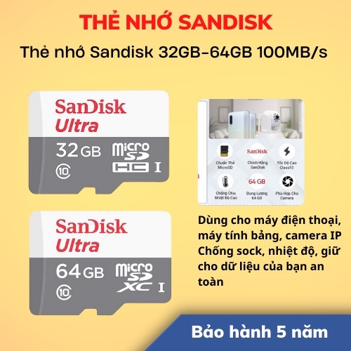 [Hỏa Tốc - HCM] Thẻ Nhớ Micro Sandisk 32GB/64GB 100MB/s | Hàng Chính Hãng | Bảo Hành 5 Năm | LSB Store