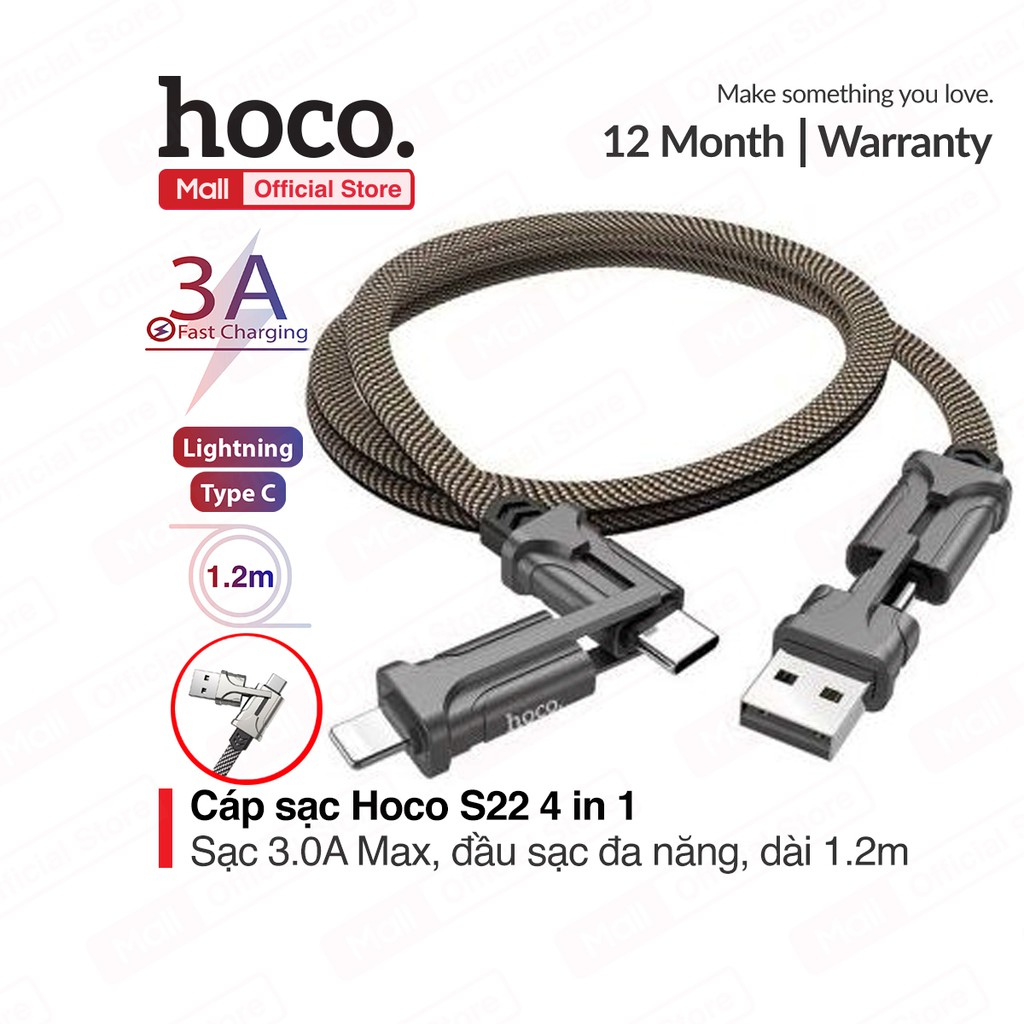 Cáp sạc Hoco S22 4 in1 sạc nhanh 3.0A Max, 60W, đầu sạc đa năng, dây bện dù chống đứt, dài 1.2m