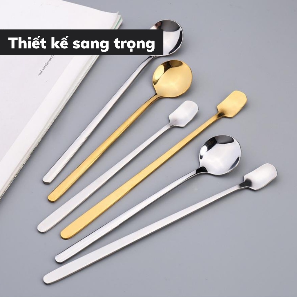 Thìa inox pha trà mạ vàng dụng cụ pha chế cà phê muỗng pha cafe cán dài thiết kế sang trọng độ dài 13 - 15 - 17 cm