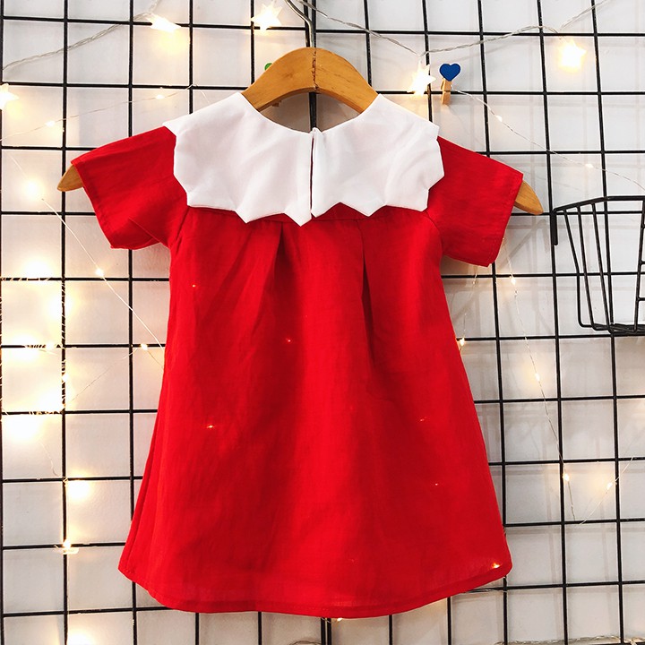 Đầm xòe đỏ cổ bèo xinh yêu cho bé 1-7 tuổi chất cotton nhẹ mát họa tiết đơn giản nhẹ nhàng BBShine – D070