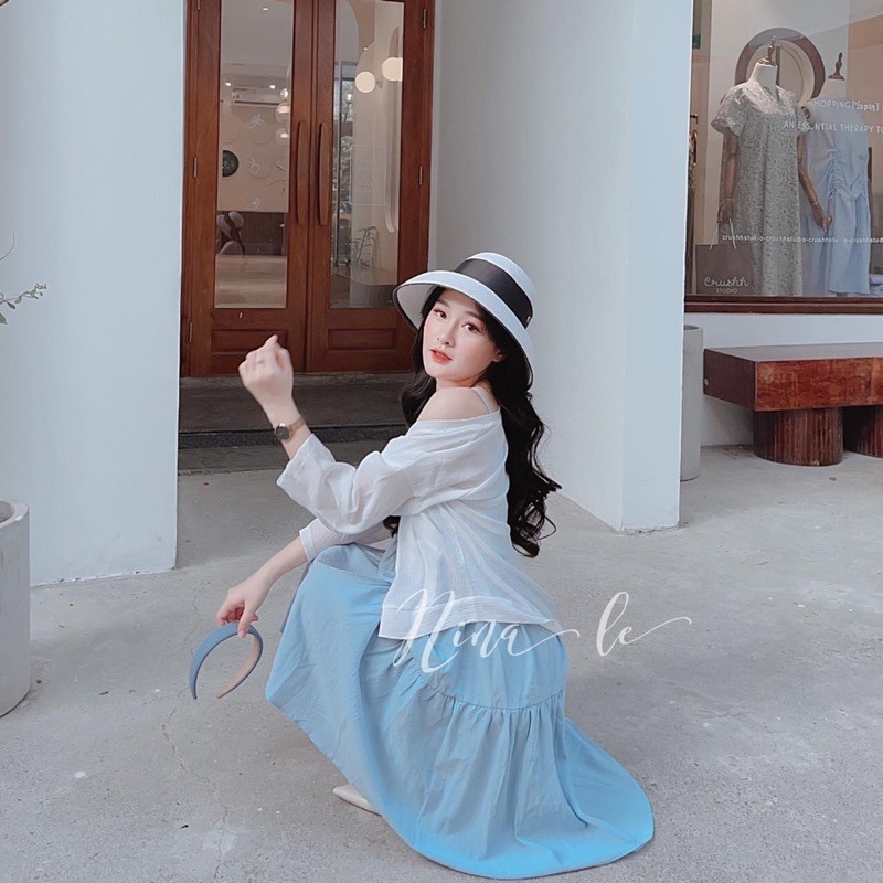 Đầm xanh 2 Dây Xoè Kèm Khoác Cagidan Trắng ( màu nhìn thấy đã iu rồi) 🥰
