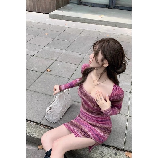 👾 Váy cổ vuông ôm body dài tay màu hồng tím chất dày dặn đẹp.