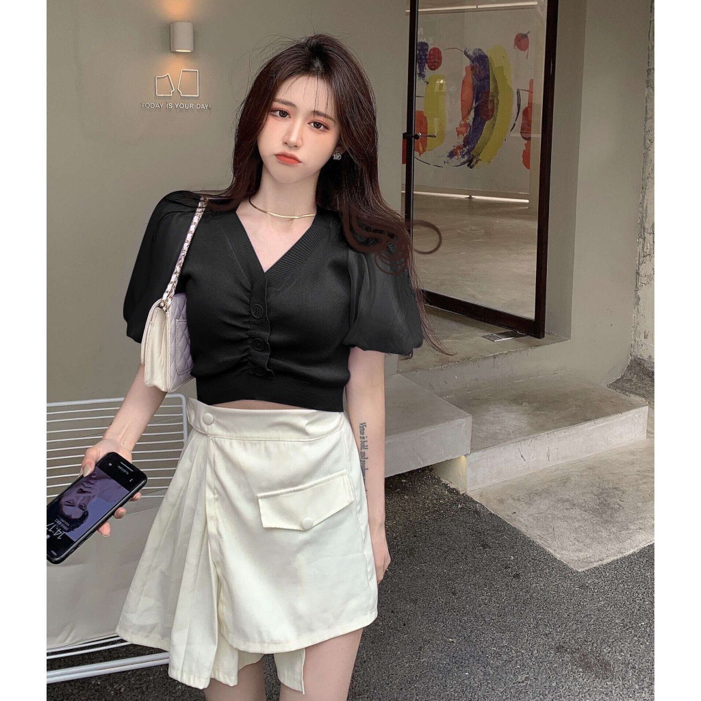 Áo len tay phồng ngắn cổ chữ v màu hồng trơn ôm dáng thời trang cho nữ | BigBuy360 - bigbuy360.vn