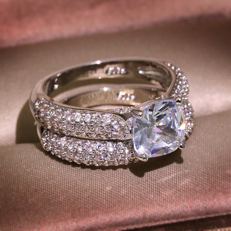 Bộ 2 nhẫn cưới mạ bạc 925 đính đá Zircon tinh tế