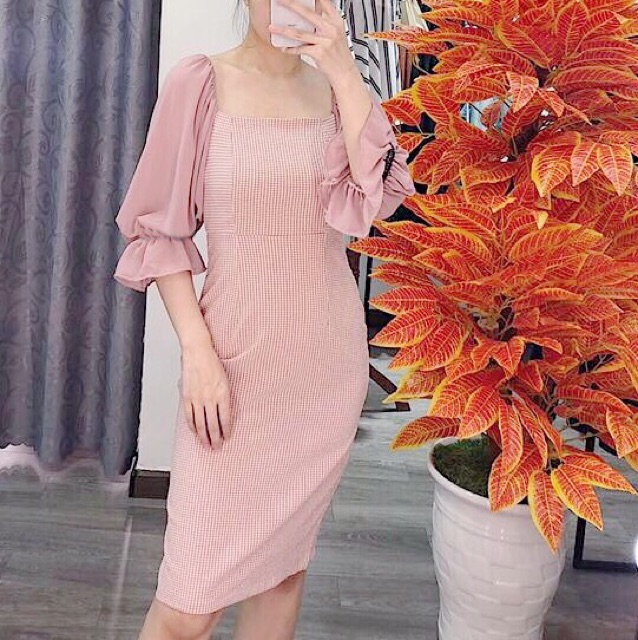 Đầm caro hồng phối tay voan hồng (kèm hình thật) | BigBuy360 - bigbuy360.vn