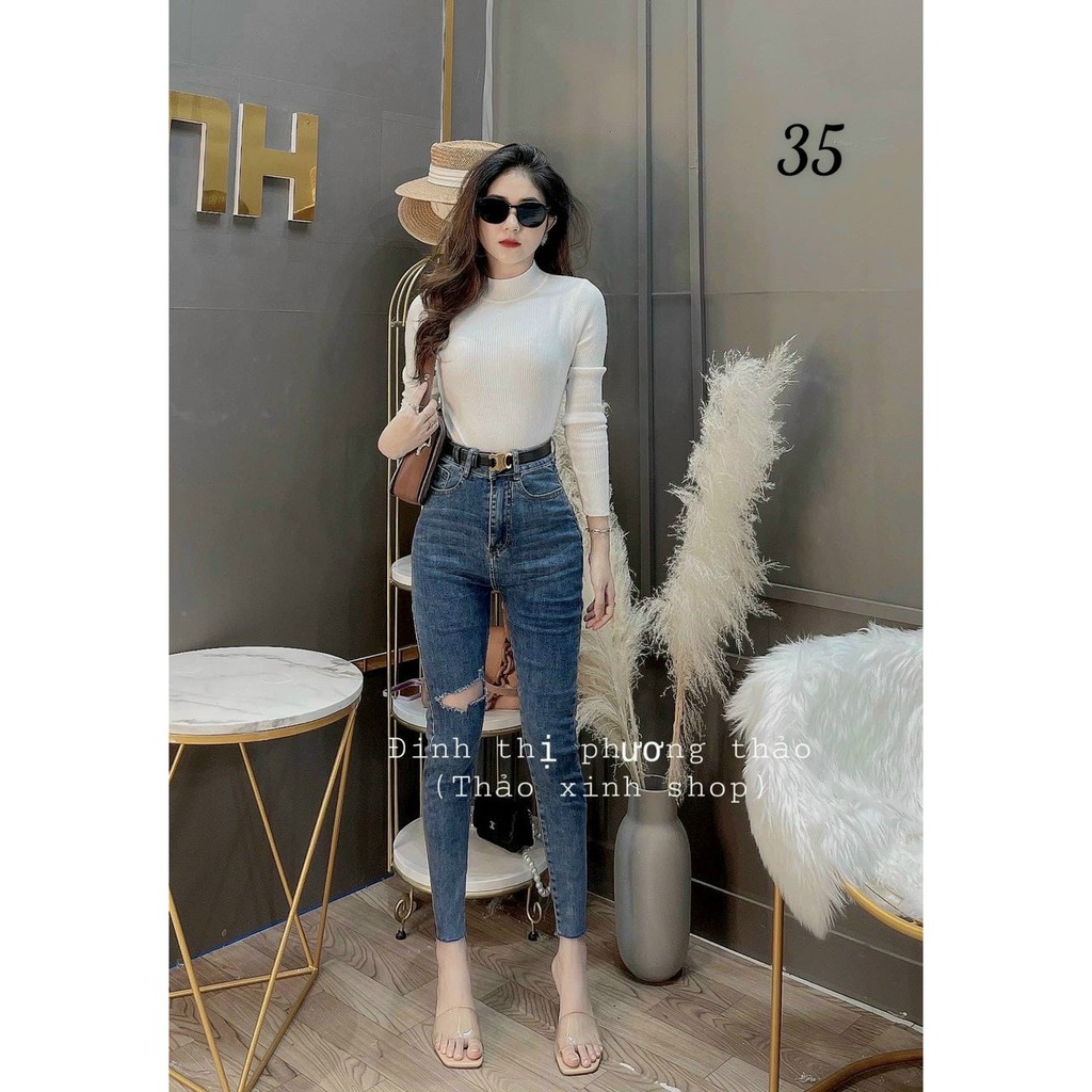 Quần jean dài 2 nút kiểu rách nhẹ gối cực xinh , chất jean co giãn mềm mịn