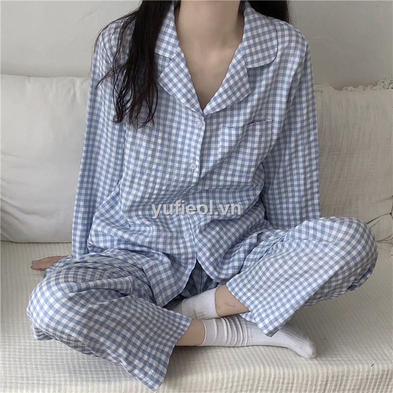 Bộ Đồ Ngủ Tay Dài Họa Tiết Sọc Caro Đơn Giản Thời Trang Mùa Thu Cho Nữ