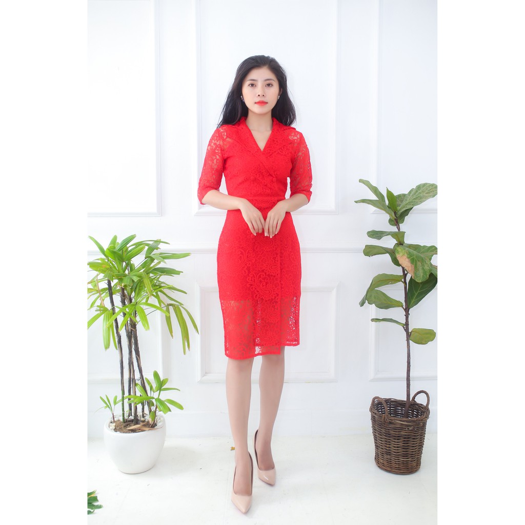 GOTI - Hình Thật - Đầm Ôm Công Sở Nữ Kiểu Ren Cổ Bẻ Phối Nút Tay Lỡ Màu Đỏ 3037